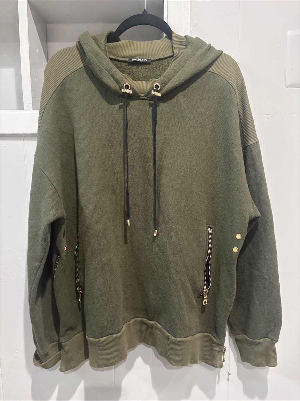 Balmain Olive Green Zip Pocket Hooded Sweatshirt Size Small